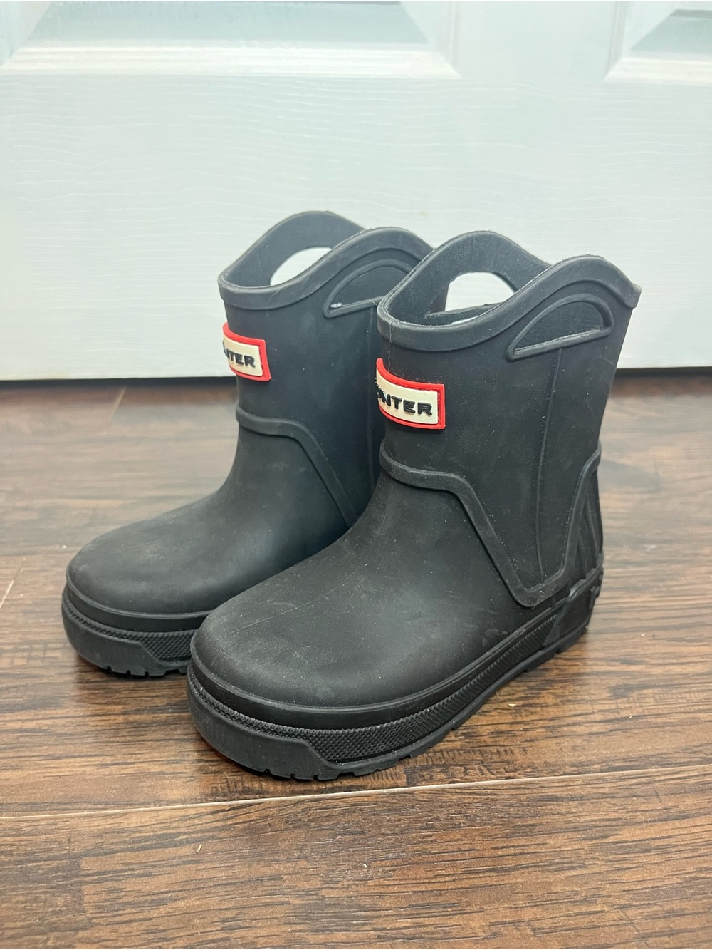 Hunter Black Kids' Rain Boots with Red Logo Patch